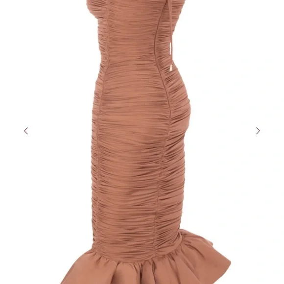 House of CB | Dresses | Elegant Tan Ruched Midi Dress | Poshmark
